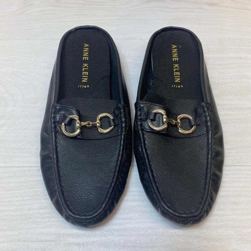 Anne Klein Womens 10 Mules Loafers Blk Faux Leather Gold Horsebit Shoes Slip‎ On